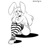  2019 abbi_(kilinah) arm_support breasts buckteeth clothed clothing female freckles hair hi_res lagomorph leaning_on_elbow legwear leporid long_hair mammal monochrome one_ear_up open_mouth pattern_clothing pattern_legwear rabbit sem-l-grim shirt side_boob simple_background sitting solo stockings striped_clothing striped_legwear striped_stockings stripes tank_top teeth toeless_legwear topwear white_background 