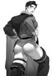  1boy adjusting_clothes ass bara belt blush boots coif flying_sweatdrops from_behind granblue_fantasy greyscale haiki_(tegusu) highres male_focus monochrome open_mouth simple_background skin_tight skindentation solo thigh_boots thigh_strap thighhighs tyre_(granblue_fantasy) white_background 