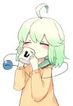  1girl ahoge animal_print bangs blush cat_print closed_eyes collared_shirt cup drink drinking eyeball facing_viewer frilled_shirt_collar frilled_sleeves frills from_side green_hair hands_up holding holding_cup komeiji_koishi long_sleeves mug no_hat no_headwear shirt short_hair simple_background solo third_eye touhou upper_body white_background yellow_shirt yunuki_uta 