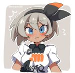  1girl abs black_gloves blush bodysuit covered_navel dark_skin eromame gloves grey_eyes grey_hair hairband looking_at_viewer pokemon pokemon_(game) pokemon_swsh ribbon saitou_(pokemon) shirt short_hair short_sleeves shorts simple_background solo sweat white_background white_shirt wristband 