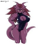  2019 abs anthro asian_mythology biceps big_tail breasts cleavage_cutout clothing demon east_asian_mythology eyelashes female hair helen_(lightsource) hi_res horn japanese_mythology leotard muscular muscular_female mythology nipple_outline no_pupils non-mammal_breasts oni red_hair reptile scalie sem-l-grim sharp_teeth simple_background smile solo teeth tusks white_background yōkai 