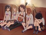  5girls absurdres akiyama_mio black_hair blonde_hair blush brown_eyes brown_hair crying highres hirasawa_yui indoors juralumin k-on! kotobuki_tsumugi long_hair multiple_girls nakano_azusa panties pantyhose pantyshot pantyshot_(sitting) shirt sitting skirt striped striped_panties t-shirt tainaka_ritsu tears twintails underwear window 