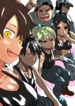  3boys 3girls absurdres backwards_hat black_eyes black_hair black_shirt breasts brown_footwear cleavage clenched_hand closed_eyes fang flat_chest green_hair hat highres igarashi_futaba_(shiromanta) kazama_(shiromanta) kurobe_natsumi_(shiromanta) medium_breasts midriff multiple_boys multiple_girls open_mouth ponytail sakurai_(shiromanta) self_shot senpai_ga_uzai_kouhai_no_hanashi shiro4862 shirt short_hair sitting smile standing takeda_harumi_(shiromanta) v white_background yellow_eyes zipper 