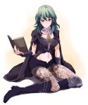  1girl armor ataka_takeru blue_eyes blue_hair book breasts byleth byleth_(female) cape fire_emblem fire_emblem:_three_houses gloves hair_ornament long_hair looking_at_viewer short_hair simple_background smile solo thighhighs upper_body white_background 