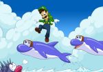  blue_skin brown_hair cetacean clothing cloud delphinoid dolphin_(mario) eyes_closed facial_hair green_skin hair hat headgear headwear jenbe luigi mammal marine mario_bros mustache nintendo porcupuffer purple_skin sky toothed_whale video_games white_skin yoshi 