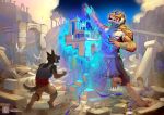  amarian anthro barefoot black_lips blue_eyes canid canine canis classical_architecture claws clothed clothing detailed_background digitigrade domestic_dog duo felid fur german_shepherd gesture herding_dog lips magic male mammal orange_fur pantherine pastoral_dog pointing ruins tiger topless 