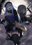  2girls absurdres assault_rifle bangs beret black_legwear blunt_bangs breasts cloud cloudy_sky dirty eyebrows_visible_through_hair facial_mark fingerless_gloves fire girls_frontline gloves green_eyes grey_hair gun h&amp;k_hk416 h&amp;k_ump h&amp;k_ump45 hair_between_eyes hair_ornament hat heckler_&amp;_koch highres hk416_(girls_frontline) holding holding_gun holding_weapon hood hood_down hooded_jacket injury jacket kyo long_hair military_jacket multiple_girls one_side_up outdoors pantyhose parted_lips plaid plaid_skirt rifle ruins scar scar_across_eye shirt shouting silver_hair skirt sky smile smoke submachine_gun sweat teardrop thighhighs ump45_(girls_frontline) v-shaped_eyebrows very_long_hair weapon white_shirt yellow_eyes 