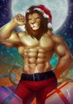  5_fingers abs anthro belt bottomwear brown_eyes brown_mane bulge chest_fur christmas claws clothed clothing dalluwn felid fingers hat headgear headwear holidays light lion male mammal mane moon moonlight muscular muscular_male navel obliques pantherine pants pecs pinup pose smile smirk solo topless 