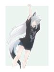  1girl ahoge animal_ears bare_arms bare_legs black_shirt feet_out_of_frame fox_ears fox_tail highres hololive long_hair shirakami_fubuki shirt short_sleeves shorts silver_hair simple_background sketch stretch stretched_limb sumo! tail twitter_username very_long_hair virtual_youtuber 