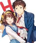  1boy 1girl :d bangs blue_jacket blue_sailor_collar blue_skirt blurry blurry_background blush brown_eyes brown_hair brown_pants clenched_teeth collared_shirt commentary_request depth_of_field eyebrows_visible_through_hair hair_ribbon hairband highres holding jacket kita_high_school_uniform kyon long_sleeves looking_at_viewer mery_(apfl0515) neckerchief necktie necktie_grab neckwear_grab one_eye_closed open_clothes open_jacket open_mouth orange_hairband pants red_neckwear ribbon round_teeth sailor_collar school_uniform serafuku shiny shiny_hair shirt short_hair signature simple_background skirt smile standing suzumiya_haruhi suzumiya_haruhi_no_yuuutsu sweatdrop teeth upper_body white_background white_shirt wing_collar yellow_hairband yellow_ribbon 