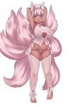  1girl :d animal_ear_fluff animal_ears armpits arms_behind_head arms_up bare_arms barefoot blush bow bow_panties breasts cleavage_cutout covered_nipples dark_skin detached_pants eyebrows_visible_through_hair fang fox_ears fox_tail full_body groin halo heart heart-shaped_pupils heart_cutout highres houri_(monster_girl_encyclopedia) kemonomimi_mode kyuubi large_breasts long_hair looking_at_viewer lowleg lowleg_panties monster_girl_encyclopedia multiple_tails nav open_mouth panties pink_bow pink_eyes pink_hair pink_panties see-through simple_background smile solo standing symbol-shaped_pupils tail underwear white_background 