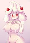  2019 absurd_res alcremie big_breasts bodily_fluids breasts cream female food food_creature food_humanoid fruit goo_creature goo_humanoid hi_res humanoid lactating looking_at_viewer lucyfercomic navel nintendo not_furry open_mouth plant pok&eacute;mon pok&eacute;mon_(species) pok&eacute;morph red_eyes simple_background solo strawberry video_games 