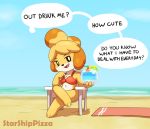  animal_crossing anthro black_nose canid canine canis clothed clothing dialogue digital_media_(artwork) domestic_dog english_text female fur isabelle_(animal_crossing) looking_at_viewer mammal nintendo open_mouth shih_tzu simple_background sitting smile solo speech_bubble starshippizza text toy_dog video_games 
