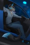  2019 5_fingers anthro black_hair blue_eyes car clothed clothing curved_horn detailed_background fingers hair horn hybrid lynncore male night outside sitting solo vehicle 