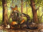  2019 anthro canid canine clothed clothing day detailed_background digital_media_(artwork) duo feral forest fox fur green_eyes hi_res holding_object holding_weapon kenket mammal orange_fur outside reptile scalie snake tessgarman tree weapon 
