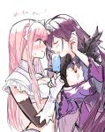  2girls adjusting_hair bangs blush closed_eyes dress elbow_gloves feather_trim food gloves highres medb_(fate)_(all) medb_(fate/grand_order) multiple_girls pink_hair popsicle purple_dress purple_hair scathach_(fate)_(all) scathach_skadi_(fate/grand_order) tiara white_gloves yamashiba_takaaki 