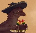  angry annoicw clothing english_text feral hat headgear headwear humor kaiju low_res male maracas mexican monster portrait pteranodon pteranodontid pterosaur reptile rodan_(toho) scalie simple_background solo sombrero text toho 