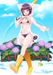  1girl :d animal bikini blue_eyes blue_sky boots breasts buttons cleavage cloud commentary_request flower frog hair_ornament hairclip holding holding_umbrella knee_boots large_breasts leaf looking_at_viewer meisuke_mei navel open_mouth original purple_bikini purple_flower purple_hair rainbow raincoat see-through short_hair sidelocks sky smile solo stomach swimsuit thighs umbrella walking yellow_footwear 