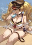  1girl absurdres bandaid bandaid_on_face bangs beach bikini bikini_top blonde_hair blush breasts dessert dripping food granblue_fantasy hat highres kent0320 large_breasts long_hair looking_at_viewer melting monica_weisswind ocean open_mouth peaked_cap popsicle sand shore side-tie_bikini sitting smile solo swimsuit thigh_strap twintails water white_bikini 