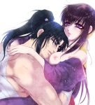  1boy 1girl bandages basilisk_(manga) black_hair breasts closed_mouth collarbone couple hair_ribbon iga_oboro japanese_clothes kimono kouga_gennosuke long_hair medium_breasts momochio nipples off_shoulder open_clothes open_kimono parted_lips ponytail purple_eyes purple_kimono ribbon tears upper_body white_background 