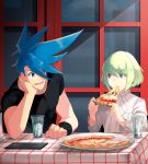  2boys blue_eyes blue_hair bob_cut cheese_trail cravat cup drinking_glass earrings eating food galo_thymos green_hair highres jewelry kmyn_prma lio_fotia long_sleeves looking_at_another male_focus menu multiple_boys open_mouth outdoors pizza promare purple_eyes restaurant shirt sitting smile spiked_hair table 