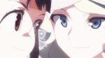  2girls animated animated_gif blue_eyes brown_hair diana_cavendish eye_contact happy hat holding_hands kagari_atsuko little_witch_academia long_hair looking_at_another lowres multicolored_hair multiple_girls official_art red_eyes robe smile staff two-tone_hair wavy_hair witch witch_hat yuri 