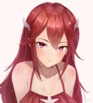  1girl bikini blush breasts cordelia_(fire_emblem) fire_emblem fire_emblem_awakening fire_emblem_heroes flat_chest hair_ornament leonmandala long_hair looking_at_viewer red_eyes red_hair simple_background smile solo swimsuit very_long_hair white_background 