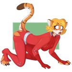  1:1 2019 absurd_res all_fours alpha_channel anthro blonde_hair bodysuit breasts clothing clover_(totally_spies) felid female hair hi_res mammal open_mouth pantherine simple_background skinsuit solo surprise tiger tight_clothing torn_clothing transformation unidentified-tf 