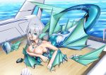  absurdres covering covering_breasts headwear_removed helmet helmet_removed highres looking_at_viewer mermaid mermaid_costume monster_girl original ship skin_tight tail transformation watercraft webbed_ears webbed_hands wet wet_clothes yin_gren 