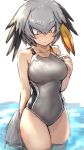  1girl adapted_costume bare_arms bare_legs bare_shoulders bird_tail bird_wings blonde_hair blush collarbone cowboy_shot eyebrows_visible_through_hair green_eyes grey_hair grey_swimsuit guchico hair_tie head_wings japari_symbol kemono_friends multicolored_hair one-piece_swimsuit partially_submerged shoebill_(kemono_friends) short_hair solo swimsuit water wings 