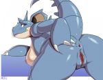  anthro anus blush bodily_fluids breasts butt female hand_on_butt horn looking_back mcfli nidoqueen nintendo nipples pok&eacute;mon pok&eacute;mon_(species) pok&eacute;morph presenting presenting_hindquarters pussy solo sweat thick_thighs video_games 