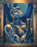  2017 android anthro armor blue_body blue_eyes bust_portrait clothed clothing crossed_arms eye_scar hand_on_chest hi_res justice_(miwauturu) lagomorph leporid light lighting looking_up machine male mammal melee_weapon painting_(artwork) picture_frame portrait rabbit robot scar serious simple_background solo spiderdragon sword topless traditional_media_(artwork) weapon 