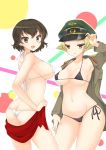  2girls :o adjusting_headwear ass back bangs bikini black_bikini_top blonde_hair breasts brown_eyes brown_hair brown_jacket butt_crack caesar_(girls_und_panzer) commentary_request erwin_(girls_und_panzer) from_behind girls_und_panzer goggles goggles_on_headwear green_headwear hat highres jacket looking_at_viewer looking_back medium_breasts military_hat military_jacket multiple_girls navel open_clothes open_jacket open_mouth parted_lips peaked_cap pointy_hair red_scarf ryochapu scarf short_hair smile standing string_bikini swimsuit thighs white_bikini 