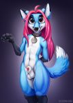  animal_genitalia anthro balls canid canine collar fox girly hi_res looking_at_viewer male mammal mostly_nude nyaaa_foxx sheath smile solo standing zazush-una 