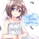  1girl black_feathers blue_eyes blush brown_hair character_name commentary dated dress english_text eyebrows_visible_through_hair hair_ornament happy_birthday head_tilt highres kuroi_mimei lips looking_at_viewer lyrical_nanoha mahou_shoujo_lyrical_nanoha mahou_shoujo_lyrical_nanoha_a&#039;s medium_dress notice_lines parted_lips short_hair smile solo sundress upper_body wind wind_lift x_hair_ornament yagami_hayate 