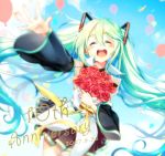  1girl 2017 :d ^_^ anniversary balloon black_skirt blue_hair blue_sky blurry blush bouquet closed_eyes cloud cloudy_sky confetti cowboy_shot dated day depth_of_field detached_sleeves dutch_angle eyebrows_visible_through_hair floating_hair flower hair_between_eyes happy hatsune_miku holding holding_bouquet holding_flower long_hair maronie. open_mouth outdoors outstretched_arm pleated_skirt red_flower red_rose ribbon rose round_teeth shirt skirt sky sleeveless sleeveless_shirt smile solo teeth thighhighs twintails upper_teeth very_long_hair vocaloid white_shirt yellow_ribbon zettai_ryouiki 