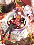  1girl ascot bare_arms bare_shoulders black_legwear bow breasts brown_eyes cafe-chan_to_break_time cafe_(cafe-chan_to_break_time) cherry chocolate coffee coffee_beans coffee_pot collared_shirt commentary_request cup fingernails food fruit gradient_hair hand_up head_tilt heart highres in_container in_cup long_hair looking_at_viewer minigirl multicolored_hair nail_polish pantyhose pink_hair pink_nails pink_shirt pleated_skirt porurin purple_skirt red_bow red_footwear red_hair saucer shirt shoes skirt sleeveless sleeveless_shirt small_breasts solo star yellow_neckwear 