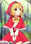  1girl absurdres apple basket blonde_hair blush bottle bow cape commentary crystal day eyebrows_visible_through_hair fang flandre_scarlet food forest frilled_cape frilled_skirt frilled_sleeves frills fruit highres holding hood light_rays long_sleeves nature open_mouth outdoors red_bow red_cape red_eyes red_hood red_skirt ribbon ribbon-trimmed_hood ribbon-trimmed_sleeves ribbon_trim ruhika shirt short_hair skirt smile solo sunbeam sunlight touhou tree white_shirt wings yellow_bow yellow_neckwear 
