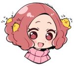  1girl :d artist_name bird blush brown_eyes brown_hair chick chick_on_head commentary_request do_m_kaeru okumura_haru open_mouth persona persona_5 pink_sweater portrait ribbed_sweater short_hair smile sweater translation_request 