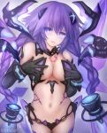  1girl black_gloves blue_eyes blush braid breasts choujigen_game_neptune cleavage elbow_gloves eyebrows_visible_through_hair gloves hair_ornament highres large_breasts long_hair looking_at_viewer navel neptune_(series) purple_hair purple_heart purple_heart_(chaos_form) smile solo suterisu tattoo thighhighs twin_braids very_long_hair wings 