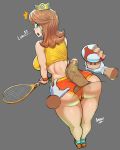  1girl ass ass_grab bent_over blue_eyes blush breasts brown_hair buttjob crown earrings erection gloves highres jewelry mario_(series) mario_tennis maruzyrukun mushroom penis princess_daisy racket shoes short_shorts shorts sneakers socks tennis_racket text_focus veins veiny_penis wristband 