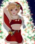  1girl 2018 ara_ssmjnkosam_-key2321 bare_shoulders bell belt blonde_hair blurry blurry_background bow breasts character_request commentary_request copyright_request eyebrows_visible_through_hair highres medium_breasts merry_christmas navel number red_belt red_eyes red_skirt sack santa_costume short_hair skirt smile solo 