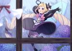  1girl :d arms_up black_bloomers black_bow black_dress black_footwear black_gloves black_legwear blonde_hair bloomers blue_flower blue_umbrella blurry blurry_foreground blush boots bow commentary_request day depth_of_field dress elise_(fire_emblem) fire_emblem fire_emblem_fates flower gloves hair_bow holding holding_umbrella hydrangea indoors long_hair long_sleeves multicolored_hair open_mouth pink_bow puffy_long_sleeves puffy_sleeves purple_eyes purple_flower purple_hair rain smile solo streaked_hair thigh_boots thighhighs transistor twintails umbrella underwear very_long_hair window 