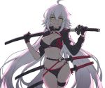  1girl ahoge bangs bikini black_bikini black_choker black_gloves black_jacket breasts choker closed_mouth commentary_request cowboy_shot eyebrows_visible_through_hair fate/grand_order fate_(series) gloves hair_between_eyes highres holding holding_sword holding_weapon jacket jeanne_d&#039;arc_(alter_swimsuit_berserker) jeanne_d&#039;arc_(fate)_(all) katana long_hair long_sleeves looking_at_viewer medium_breasts navel o-ring o-ring_top open_clothes open_jacket over_shoulder simple_background smile solo swimsuit sword thigh_strap tonee very_long_hair weapon weapon_over_shoulder white_background white_hair yellow_eyes 