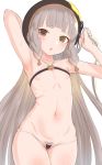  1girl bangs bare_arms bare_shoulders bikini black_bikini blush braid breasts brown_eyes brown_headwear commentary_request fingernails granblue_fantasy grey_hair groin hat heterochromia highres holding holding_hair looking_at_viewer makabe_gorou micro_bikini navel parted_lips pholia pubic_hair pubic_hair_peek short_eyebrows side_braids sidelocks simple_background small_breasts solo sweat swimsuit thick_eyebrows twin_braids upper_teeth white_background 