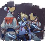  3boys alternate_costume alternate_hairstyle blue_eyes bodysuit character_request commentary_request dagger face_mask facial_hair fighting_stance goatee hair_bun hand_on_hilt headgear link male_focus mask multiple_boys mustache natsuyon ninja over_shoulder pointy_ears reverse_grip sai_(weapon) shoulder_armor sideburns sidelocks silver_hair sword sword_over_shoulder the_legend_of_zelda the_legend_of_zelda:_breath_of_the_wild weapon weapon_over_shoulder 