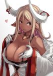  1girl blonde_hair breasts brown_eyes cleavage dark_skin draph earrings fur_trim gloves granblue_fantasy heart highres horns jewelry kuvira_(granblue_fantasy) large_breasts off_shoulder opanchu_(hakusen) pointy_ears strap_pull white_gloves 