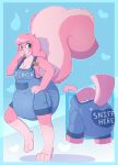  2018 absurd_res anthro breasts bunnykisses clean_diaper clothing covering_nose diaper digital_drawing_(artwork) digital_media_(artwork) female fur hi_res hybrid hyper lagomorph leporid lily_(bunnykisses) mammal mephitid overalls pink_fur rabbit skunk solo tongue tongue_out 