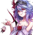  &gt;_&lt; 1girl adapted_costume bangs bare_shoulders bat_wings blue_hair collarbone commentary_request detached_sleeves dress fang flower fur-trimmed_sleeves fur_trim gradient_hair hair_between_eyes hair_ribbon hand_up izayoi_sakuya keychain long_sleeves looking_at_viewer multicolored_hair no_hat no_headwear purple_hair re_(re_09) red_eyes red_flower red_ribbon red_rose remilia_scarlet ribbon rose short_hair simple_background smile solo strapless strapless_dress touhou upper_body white_background white_dress wide_sleeves wings 