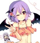  &gt;_&lt; 2girls :&gt; :d ;) apron bangs bare_shoulders bat_hair_ornament bat_wings bikini black_dress blush chibi collarbone commentary_request dress eyebrows_visible_through_hair flower hair_between_eyes hair_flower hair_ornament hand_up hands_on_own_cheeks hands_on_own_face heart heart_of_string highres izayoi_sakuya kirero lavender_hair long_sleeves looking_at_viewer maid maid_apron maid_headdress multiple_girls navel no_hat no_headwear off_shoulder one_eye_closed open_mouth pink_bikini pink_flower pointy_ears red_eyes remilia_scarlet short_hair silver_hair simple_background smile stomach swimsuit touhou upper_body v white_apron white_background wings 
